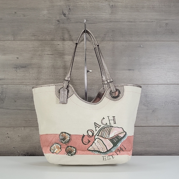 Coach Handbags - Coach Canvas Tote with Pink Stripe and Seashell Motif Tote Shoulder Bag F19273